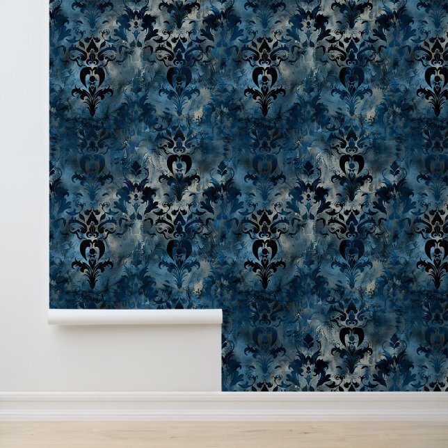 Royal blue trendy design damask luxe ornamenten behang (Applicatie)
