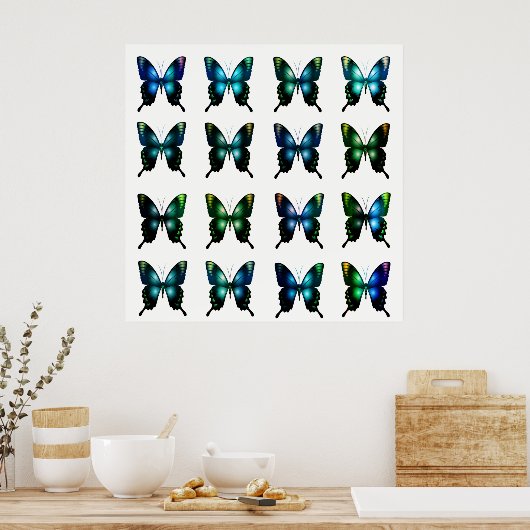 Royal Blue Turquoise Elegant Whimsical Butterflies Poster (Keuken)