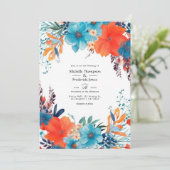 Royal Blue, Turquoise en koraal bloemenbruiloft Kaart (Staand voorkant)