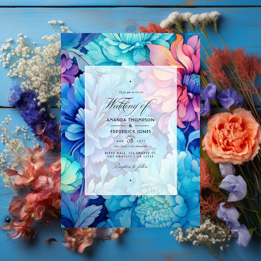 Royal Blue, Turquoise en koraal bloemenbruiloft Kaart