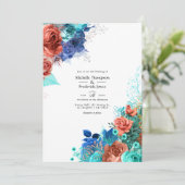 Royal Blue, Turquoise en koraal bloemenbruiloft Kaart (Staand voorkant)