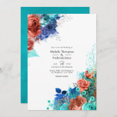 Royal Blue, Turquoise en koraal bloemenbruiloft Kaart (Voorkant / Achterkant)