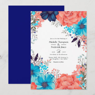 Royal Blue, Turquoise en koraal bloemenbruiloft Kaart