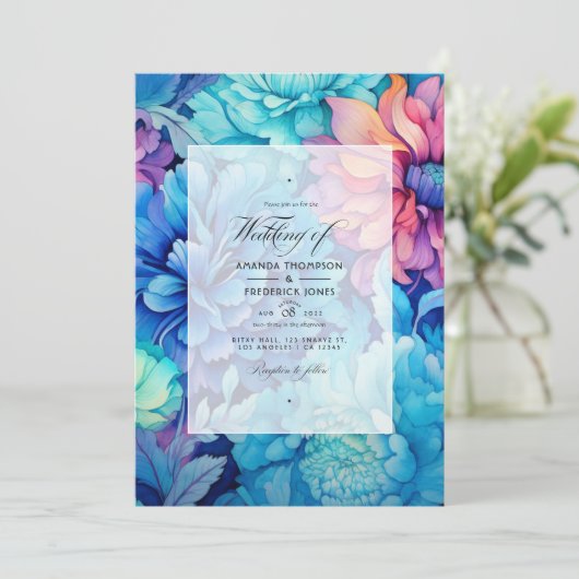 Royal Blue, Turquoise en koraal bloemenbruiloft Kaart (Staand voorkant)