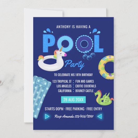 Royal Blue Unicorn en Dragon Pool Birthday Party Kaart (Voorkant)