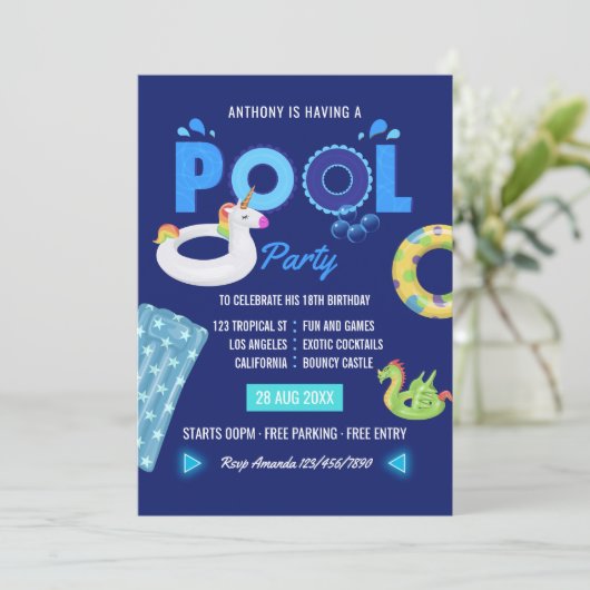 Royal Blue Unicorn en Dragon Pool Birthday Party Kaart (Staand voorkant)