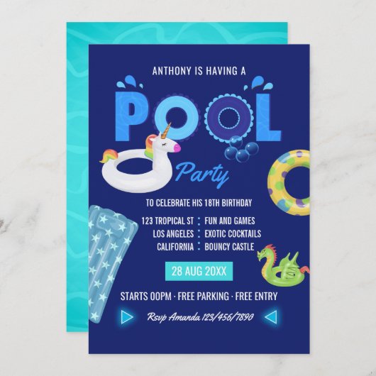 Royal Blue Unicorn en Dragon Pool Birthday Party Kaart (Voorkant / Achterkant)