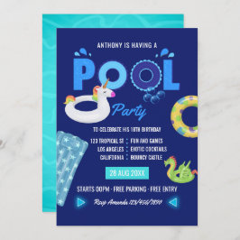 Royal Blue Unicorn en Dragon Pool Birthday Party Kaart