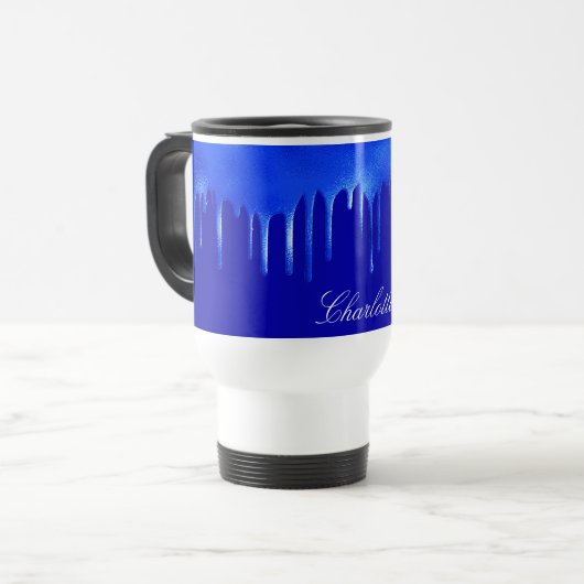 Royal blue-verfdruppelnaamscript reisbeker (Voorkant links)