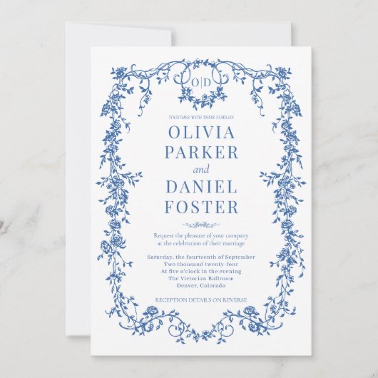 Royal Blue Victorian All in One QR Code Wedding Kaart (Voorkant)