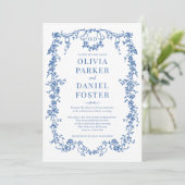 Royal Blue Victorian All in One QR Code Wedding Kaart (Staand voorkant)