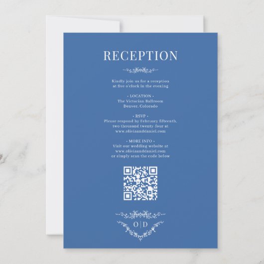 Royal Blue Victorian All in One QR Code Wedding Kaart (Achterkant)