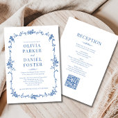 Royal Blue Victorian QR Code All in One Wedding Kaart