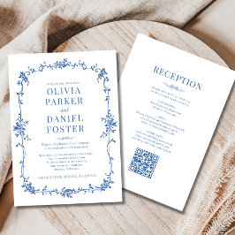 Royal Blue Victorian QR Code All in One Wedding  Kaart