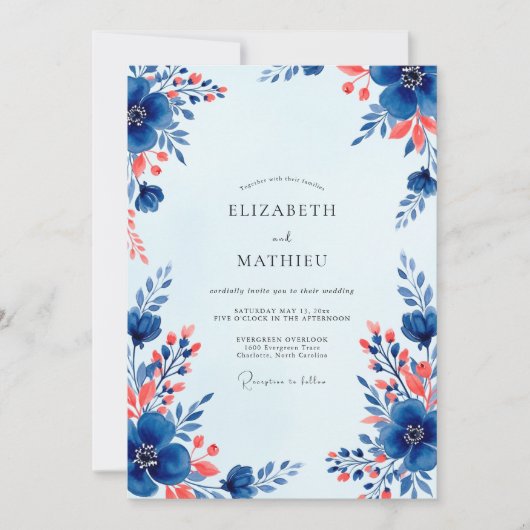 Royal Blue Vivacious Floral Wedding Kaart (Voorkant)