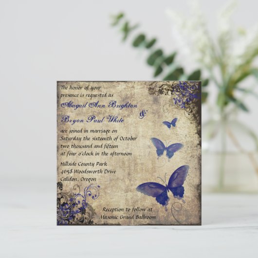 Royal Blue  vlinder bruiloft uitnodigen 2 Kaart (Staand voorkant)