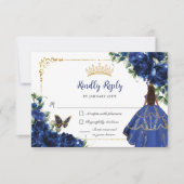 Royal Blue Vlinders Prinses Goud Quinceañera RSVP Kaartje (Voorkant)