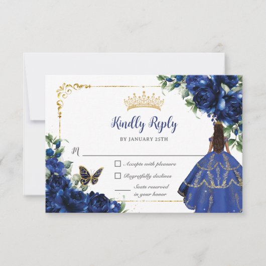 Royal Blue Vlinders Prinses Goud Quinceañera RSVP Kaartje (Voorkant)