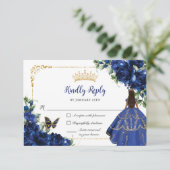 Royal Blue Vlinders Prinses Goud Quinceañera RSVP Kaartje (Staand voorkant)