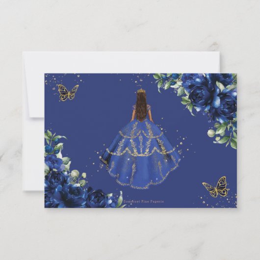 Royal Blue Vlinders Prinses Goud Quinceañera RSVP Kaartje (Achterkant)