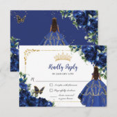 Royal Blue Vlinders Prinses Goud Quinceañera RSVP Kaartje (Voorkant / Achterkant)