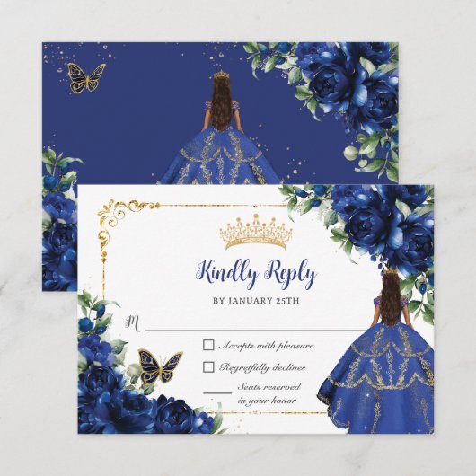Royal Blue Vlinders Prinses Goud Quinceañera RSVP Kaartje (Voorkant / Achterkant)