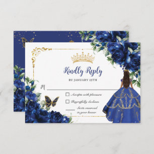 Royal Blue Vlinders Prinses Goud Quinceañera RSVP Kaartje