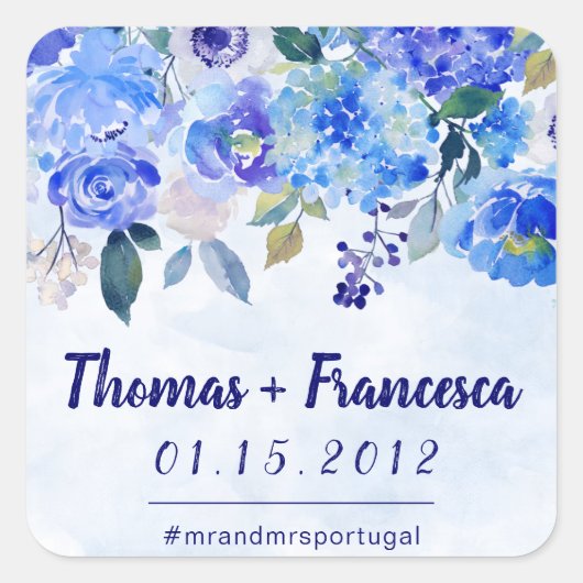 Royal Blue Waterverf Bloemen Trouwstickers Vierkante Sticker (Voorkant)