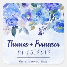 Royal Blue Waterverf Bloemen Trouwstickers
