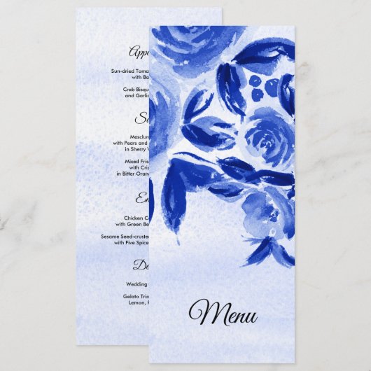 Royal Blue Waterverf Bloemenbruiloft Menu Kaart (Voorkant / Achterkant)