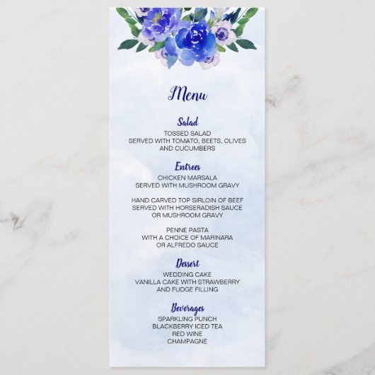 Royal Blue Waterverf Bloemenbruiloft Menu Kaart (Voorkant)
