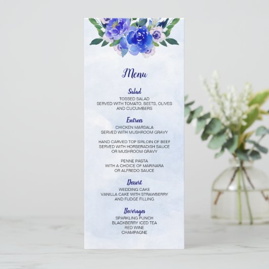 Royal Blue Waterverf Bloemenbruiloft Menu Kaart (Staand voorkant)