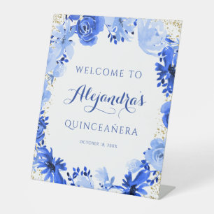 Royal Blue Waterverf Floral Gold Quinceanera Reclamebord Met Voetstuk