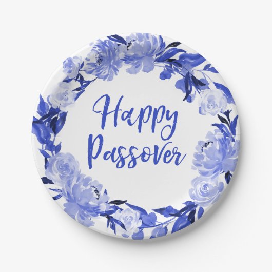 Royal Blue Waterverf Floral Happy Passover Papieren Bordje (Voorkant)