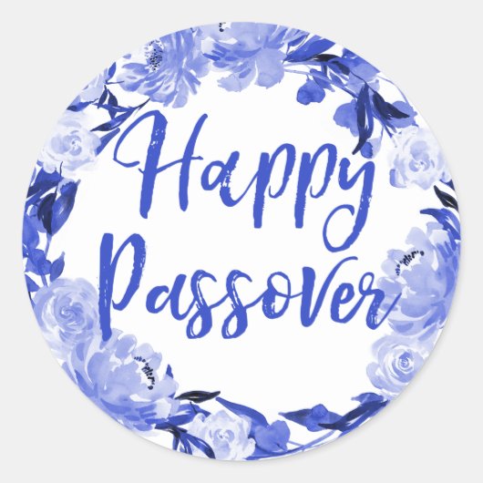 Royal Blue Waterverf Floral Happy Passover Ronde Sticker (Voorkant)