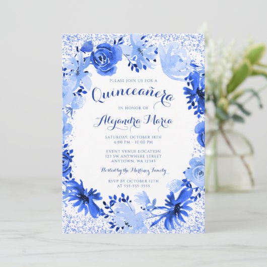 Royal Blue Waterverf Floral Quinceanera Kaart (Staand voorkant)