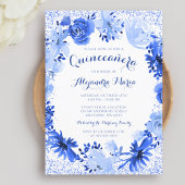 Royal Blue Waterverf Floral Quinceanera Kaart