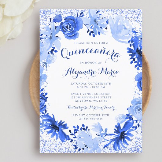 Royal Blue Waterverf Floral Quinceanera Kaart