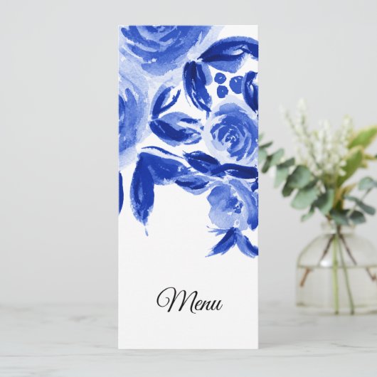 Royal Blue Waterverf Floral Wedding Menu Kaarten (Staand voorkant)