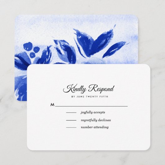 Royal Blue Waterverf Floral Wedding RSVP Kaarten (Voorkant / Achterkant)