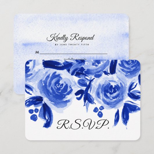 Royal Blue Waterverf Floral Wedding RSVP Kaarten (Voorkant / Achterkant)