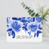 Royal Blue Waterverf Floral Wedding RSVP Kaarten (Staand voorkant)