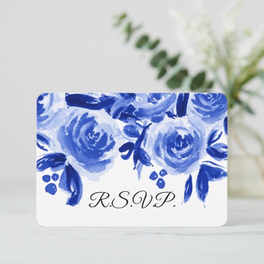 Royal Blue Waterverf Floral Wedding RSVP Kaarten (Staand voorkant)