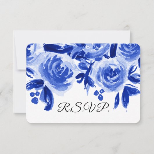 Royal Blue Waterverf Floral Wedding RSVP Kaarten (Voorkant)
