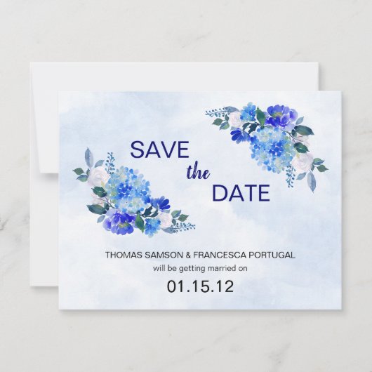 Royal Blue Waterverf Floral Wedding Save the Date Kaart (Voorkant)