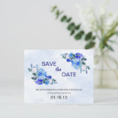 Royal Blue Waterverf Floral Wedding Save the Date Kaart (Staand voorkant)