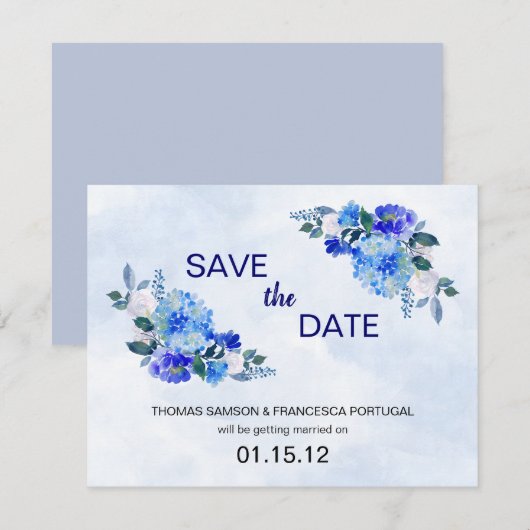 Royal Blue Waterverf Floral Wedding Save the Date Kaart (Voorkant / Achterkant)