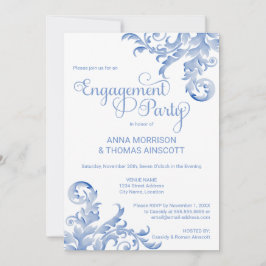 Royal Blue Waterverf Flourish Engagement Party Kaart