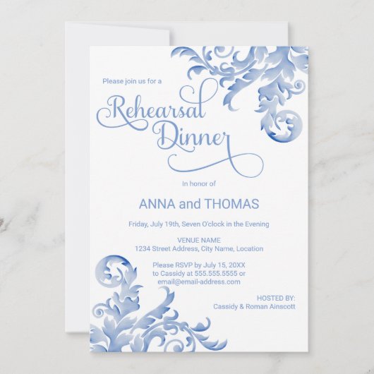 Royal Blue Waterverf Flourish Rehearsal Dinner Kaart (Voorkant)