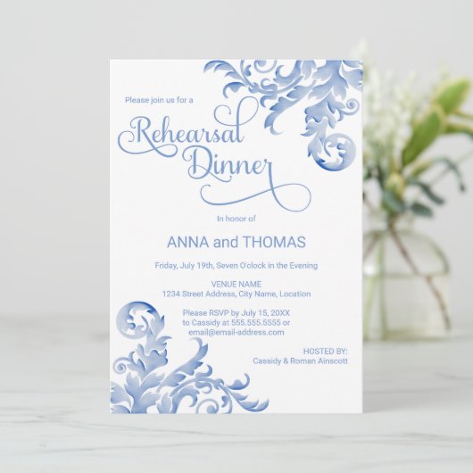 Royal Blue Waterverf Flourish Rehearsal Dinner Kaart (Staand voorkant)
